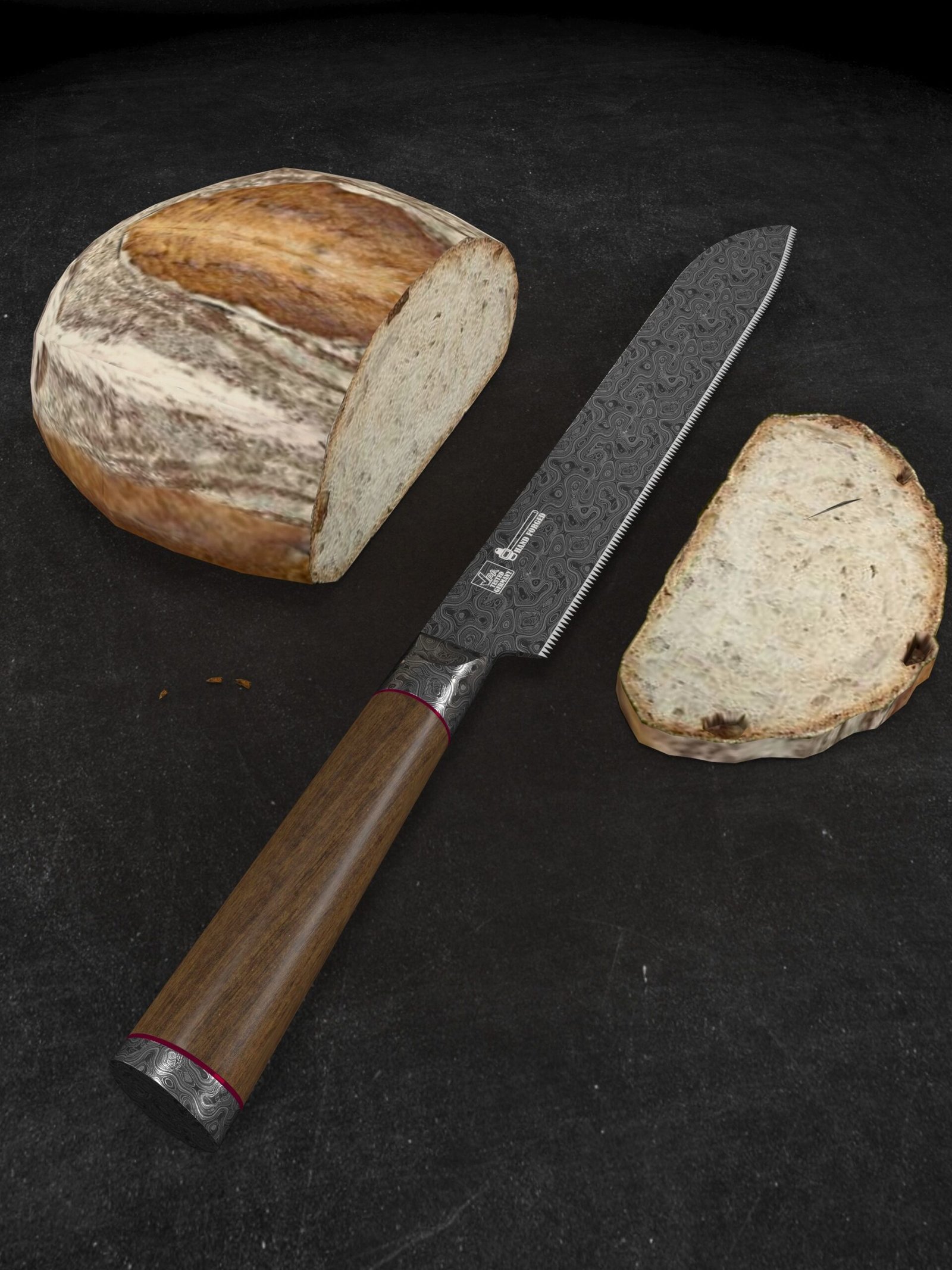 Damascus bread knife with a wooden handle displayed alongside sliced artisan bread on a black surface.